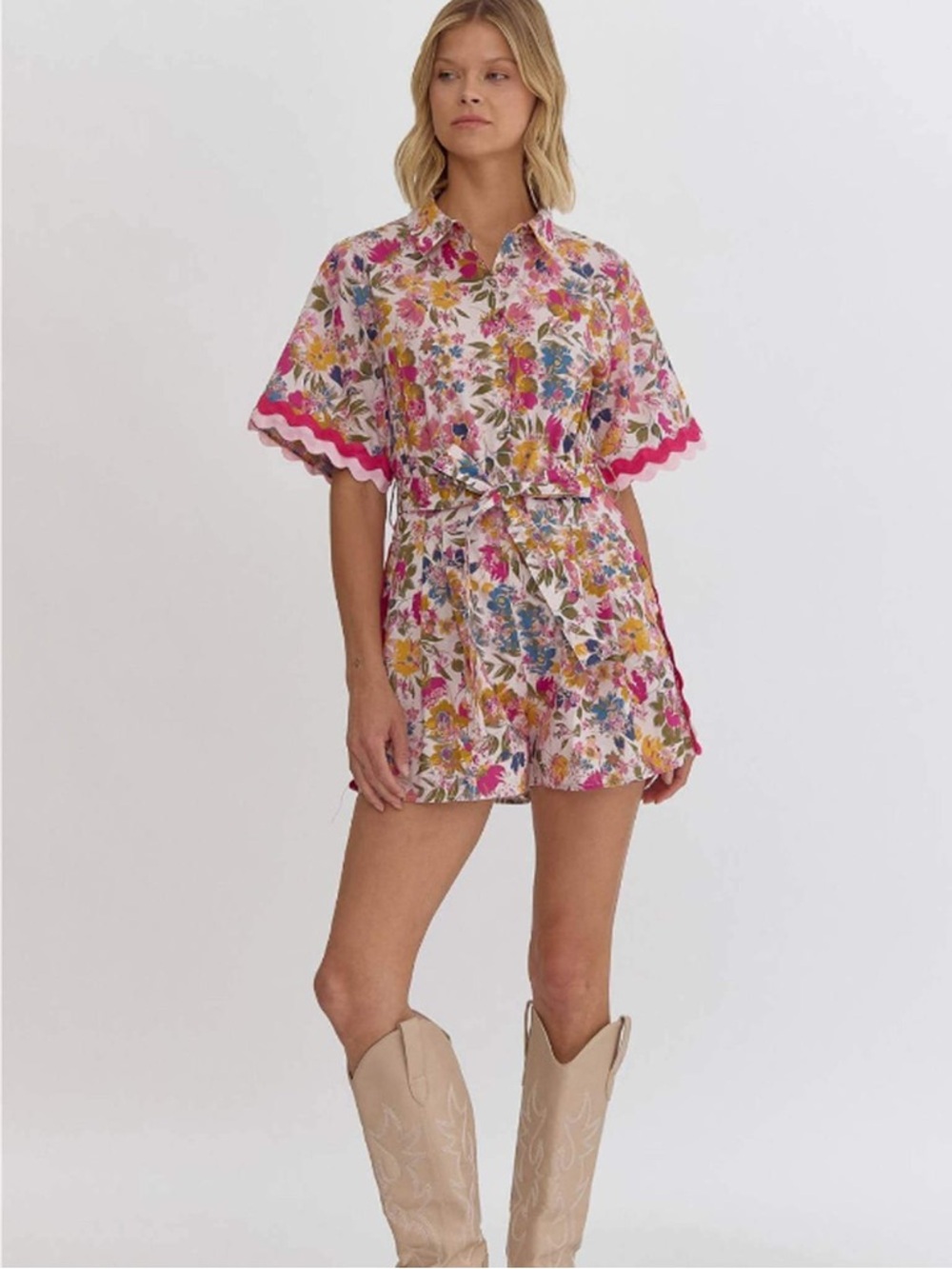 entro Pink Floral Short-Sleeve Romper with Belt